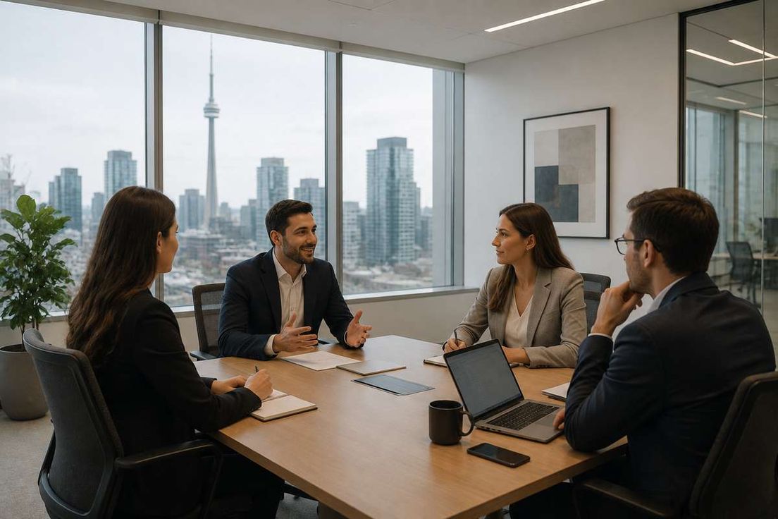 Four professionals sit at a conference table in an office overlooking the Toronto skyline and CN Tower.
