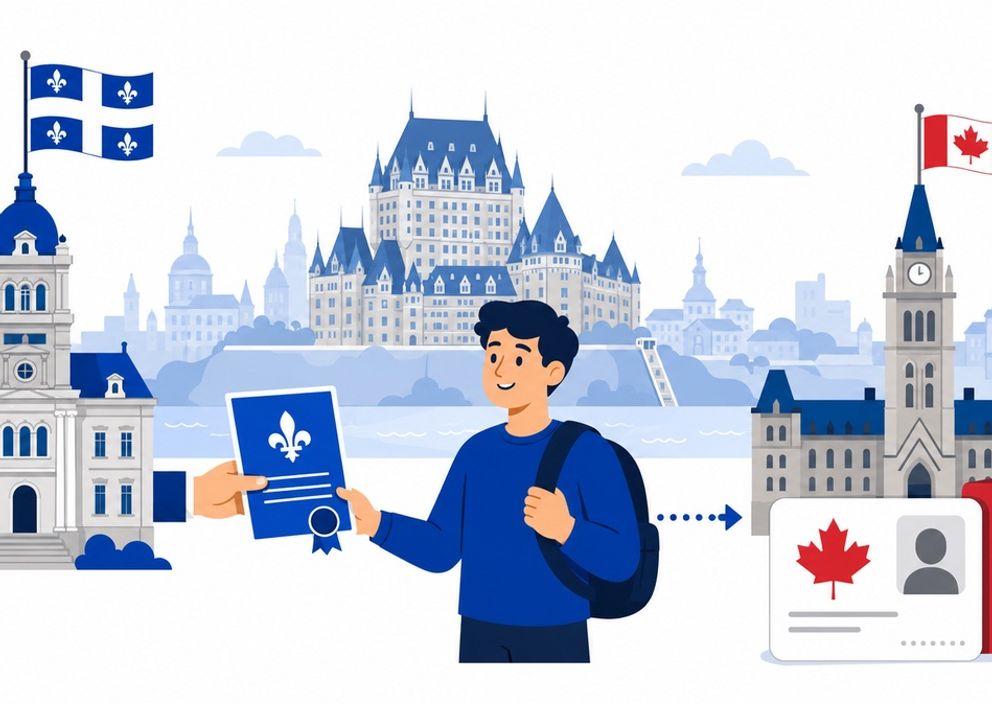 Illustration of a person receiving a Quebec certificate leading to Canadian permanent residence.