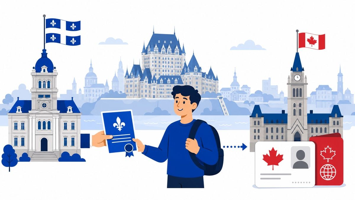 Illustration of a person receiving a Quebec certificate leading to Canadian permanent residence.