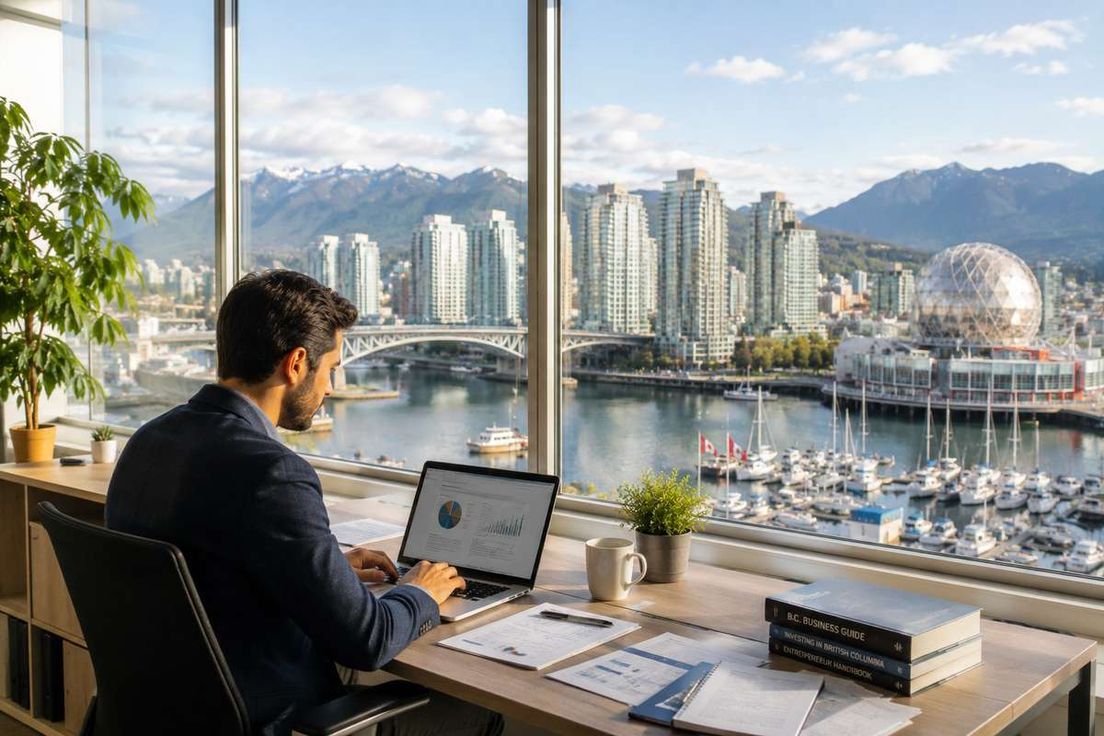 A man works on a laptop in a high-rise office overlooking the Vancouver skyline and mountains.
