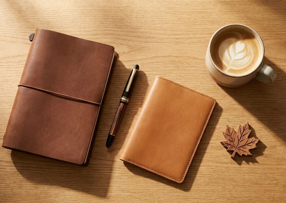 A professional flat lay of a leather journal, fountain pen, and passport holder on a sunlit wooden desk.