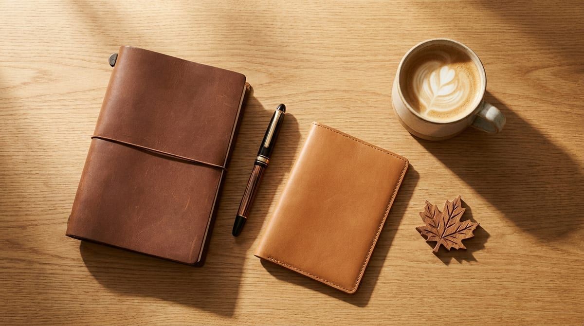 A professional flat lay of a leather journal, fountain pen, and passport holder on a sunlit wooden desk.