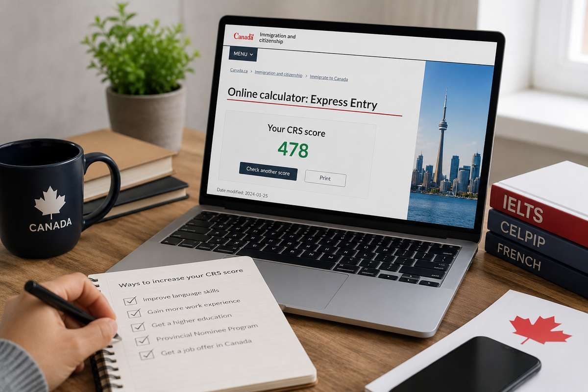 A laptop displays a Canada Express Entry CRS score of 478 beside a handwritten checklist for improving points.
