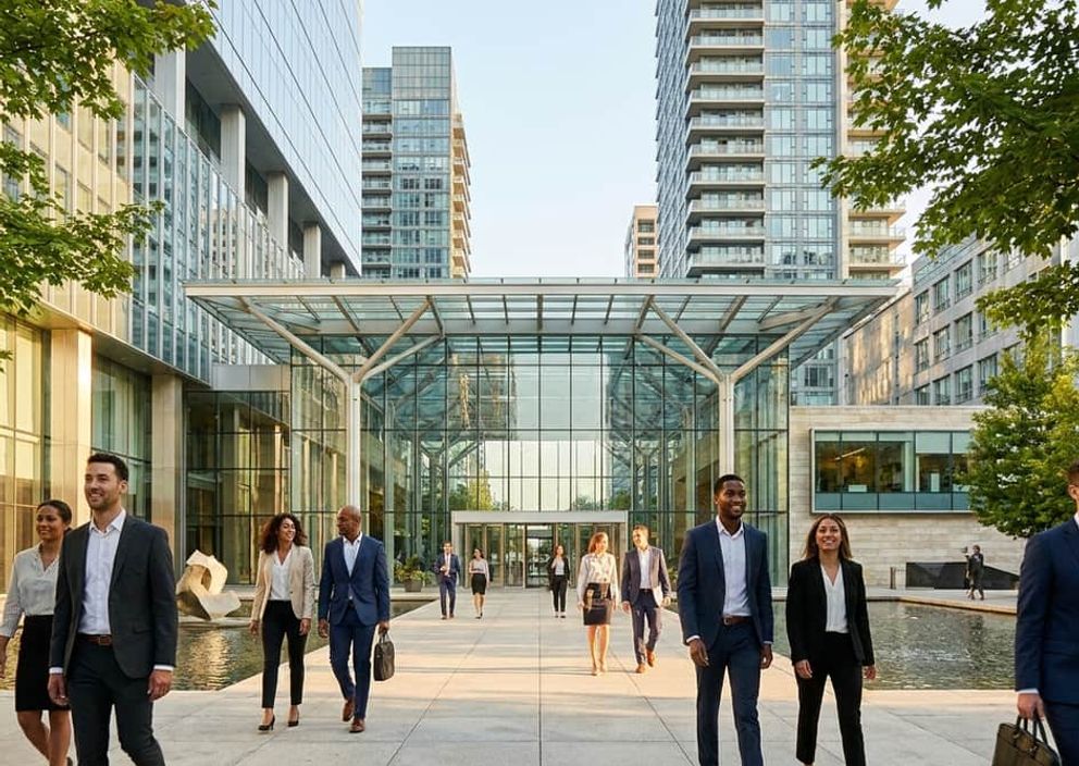 Sunlit modern Canadian civic plaza with sleek glass architecture and professionals walking outdoors.
