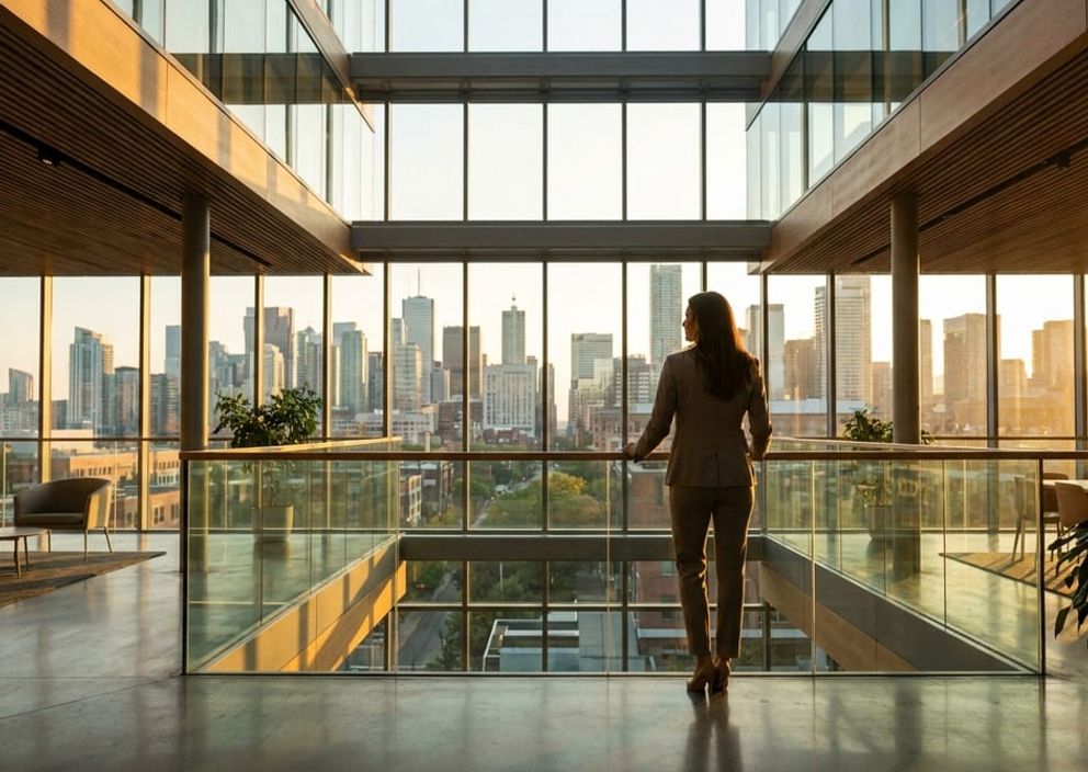 A professional standing in a sunlit modern atrium looking out at a Canadian city skyline at morning.