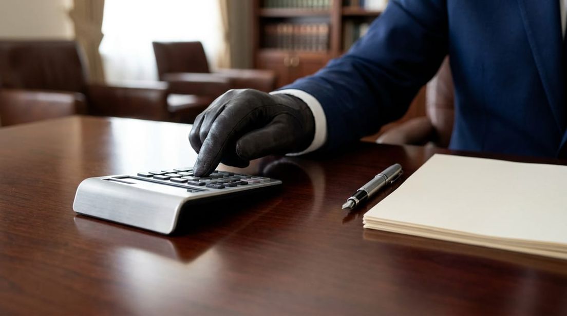 Hands in a business suit using a sleek calculator next to official documents on a polished wooden desk, calculating fees.