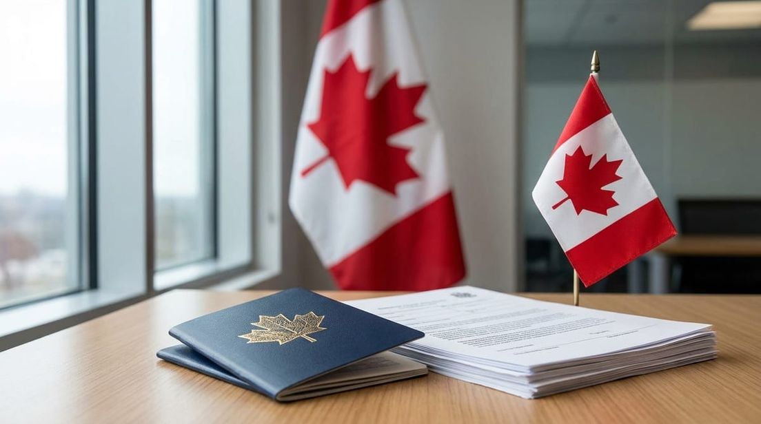 Canadian passports, stacked documents, and a small Canadian flag sit on a wooden office desk.