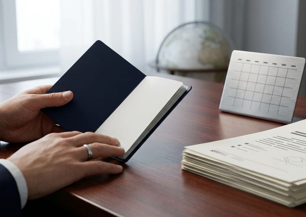 Close-up of hands holding an open passport and official documents next to a desk calendar on a professional office desk.