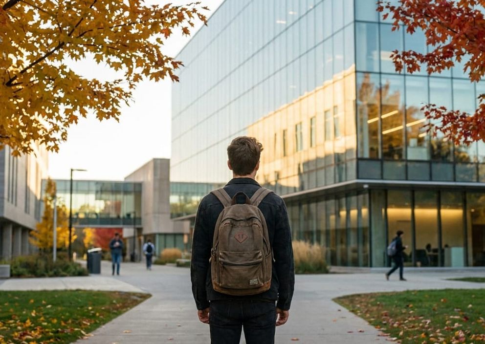 A student with a backpack stands on a modern Canadian campus during autumn, looking toward a bright academic building.
