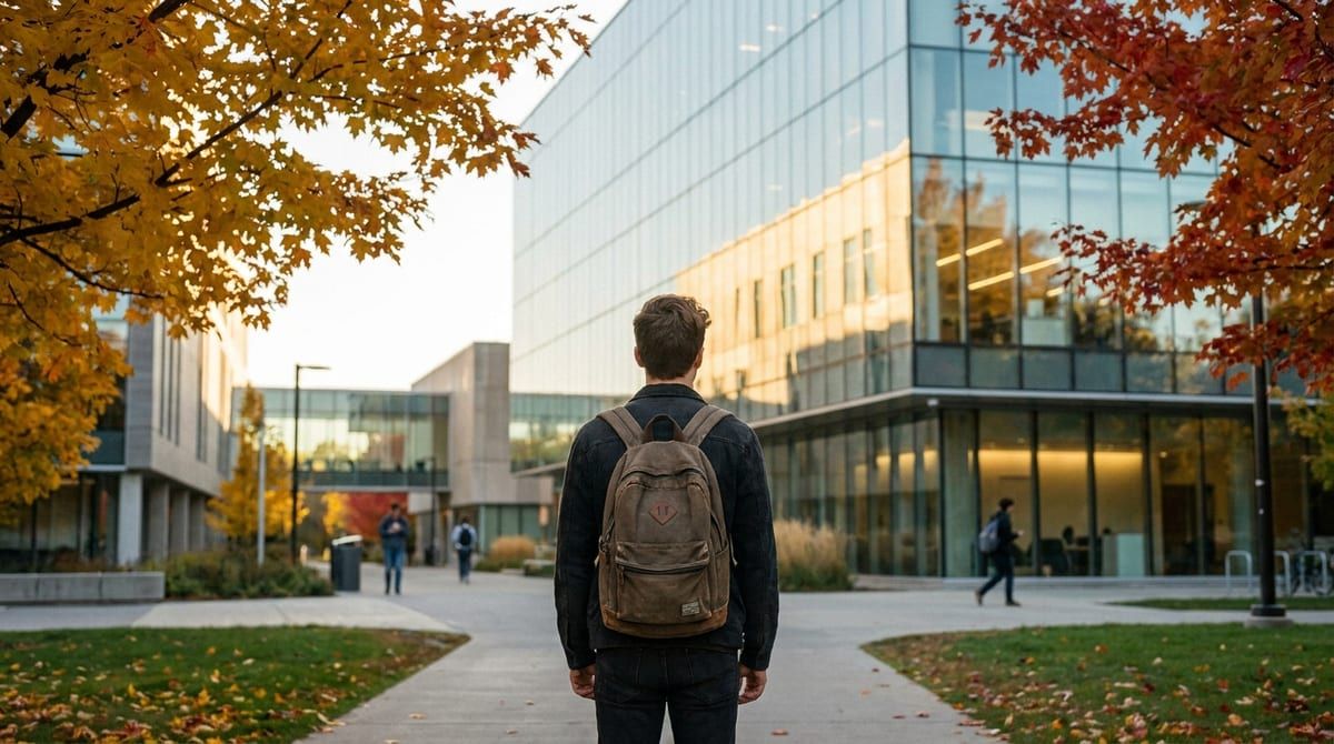 A student with a backpack stands on a modern Canadian campus during autumn, looking toward a bright academic building.
