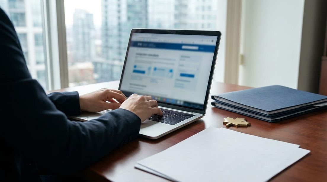 Over-the-shoulder view of a professional working on a laptop with organized immigration files on a polished wooden desk.