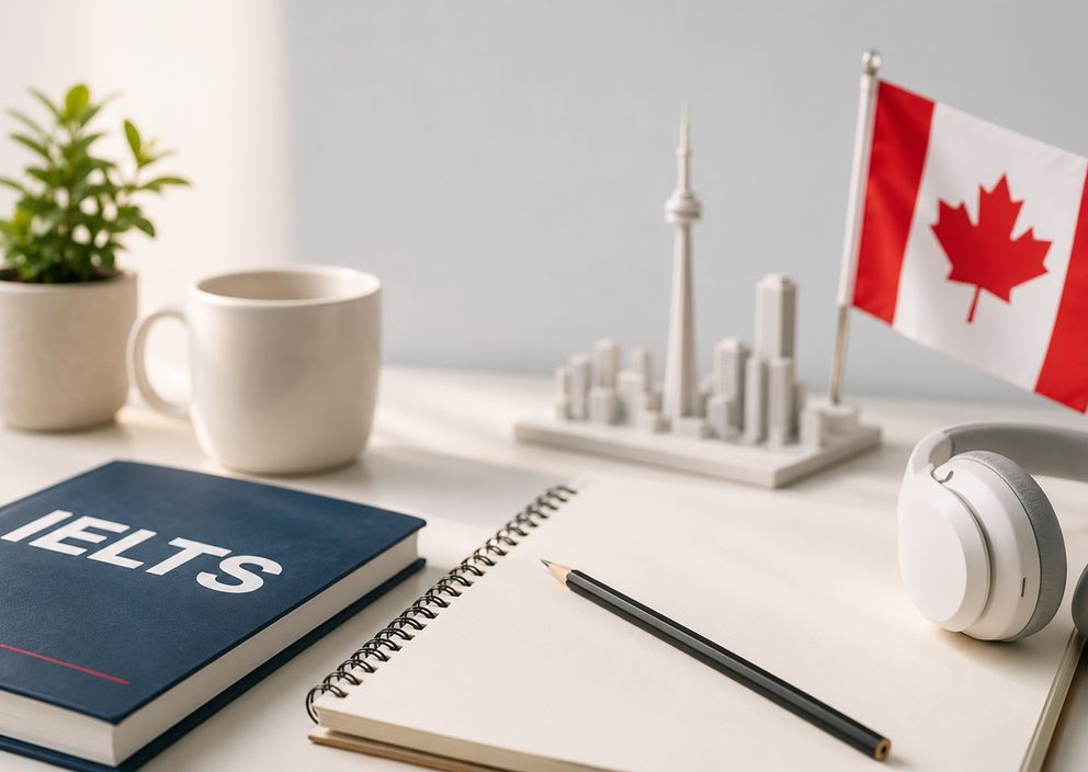 An IELTS book, open spiral notebook, pencil, headphones, Canadian flag, and Toronto skyline model on a white desk.