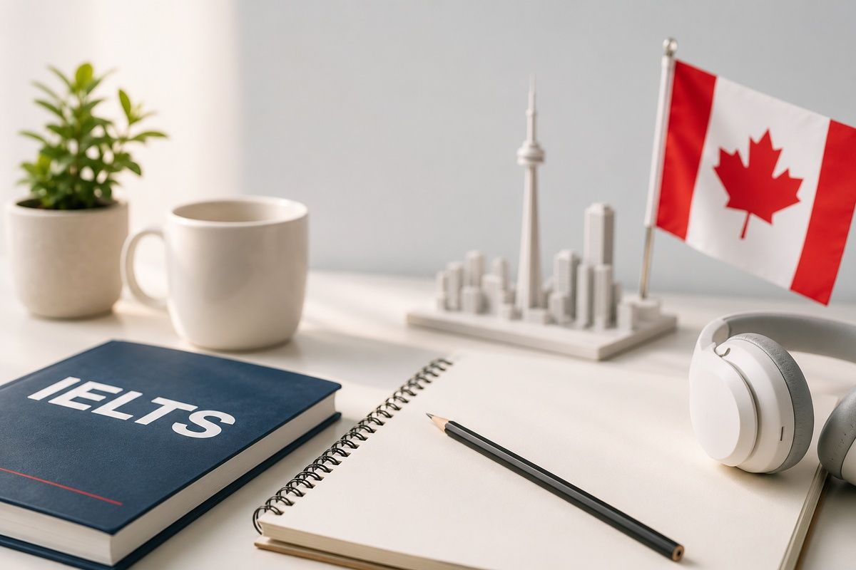 An IELTS book, open spiral notebook, pencil, headphones, Canadian flag, and Toronto skyline model on a white desk.