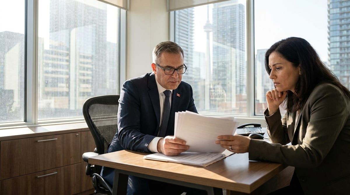 A man in a suit and a woman review documents at a desk in a high-rise city office.