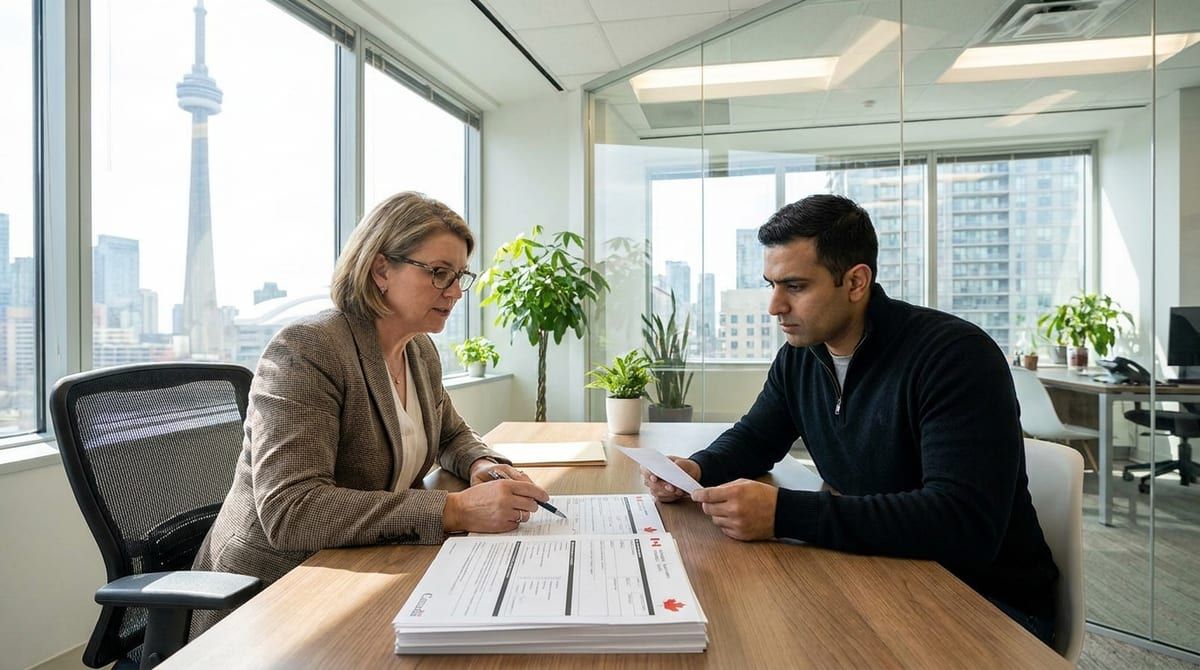 Immigration consultant reviewing Express Entry documents with a client
