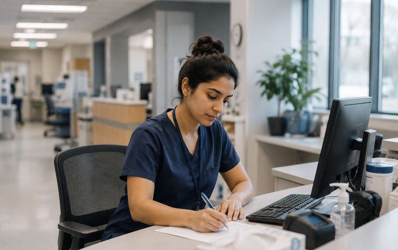 A female healthcare worker in blue scrubs writes on a document at a desk in a modern clinic.