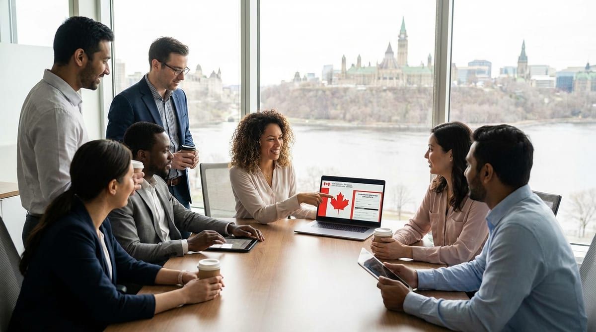 A group of professionals collaborating in an office, symbolizing the skilled workers invited through Canada's Express Entry system.