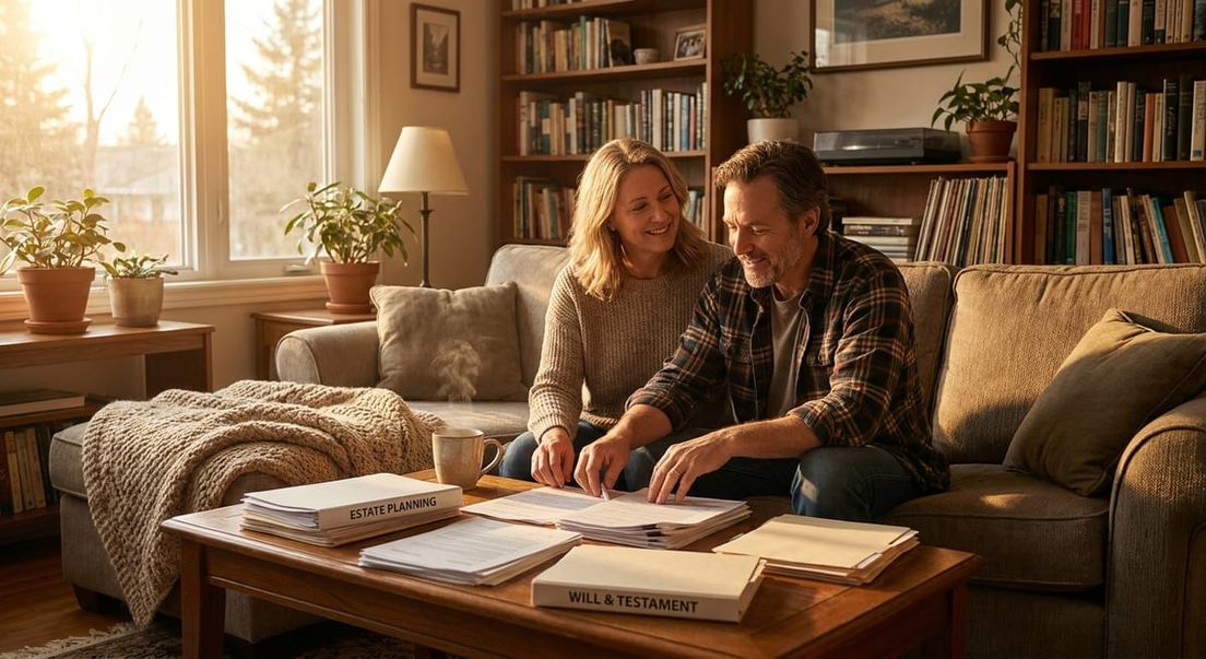 Photograph of a couple reviewing legal documents in a cozy living room after a detention review hearing in Canada.