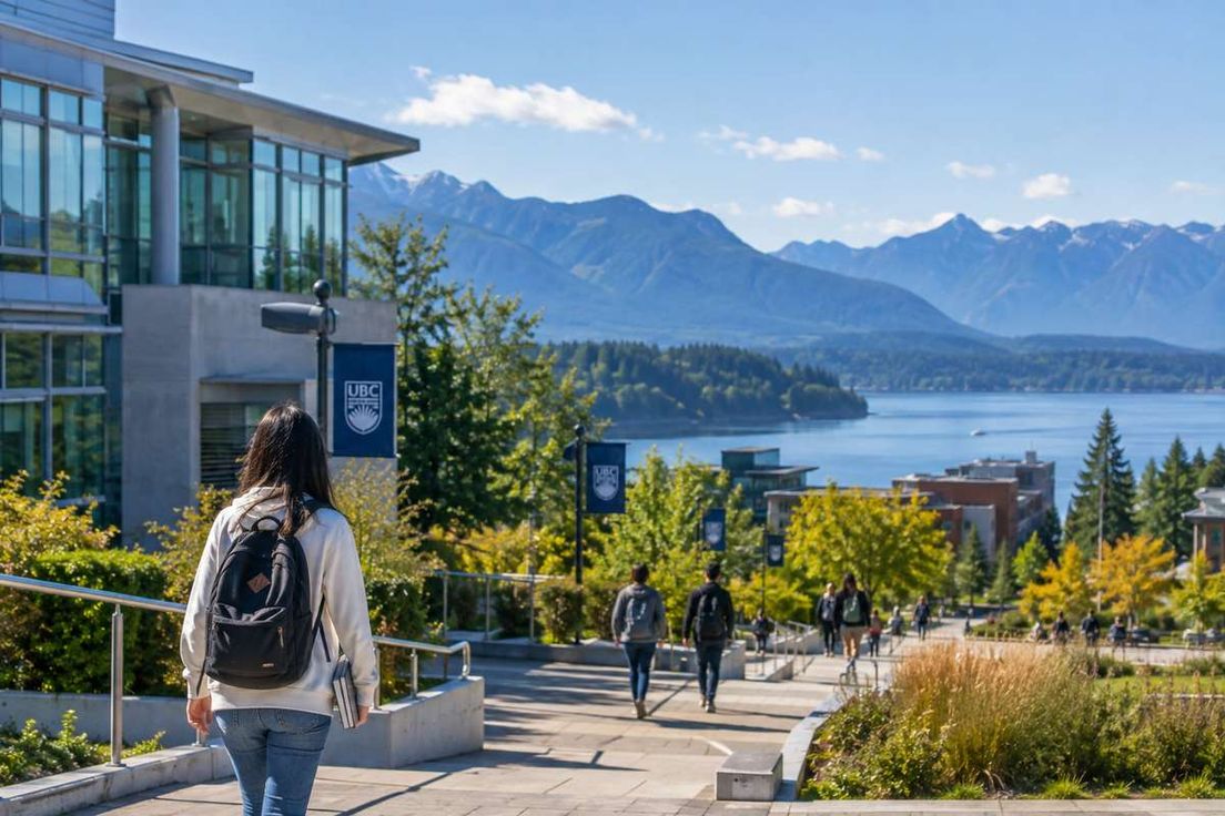 A student with a backpack walks across the UBC campus with mountains and water in the background.