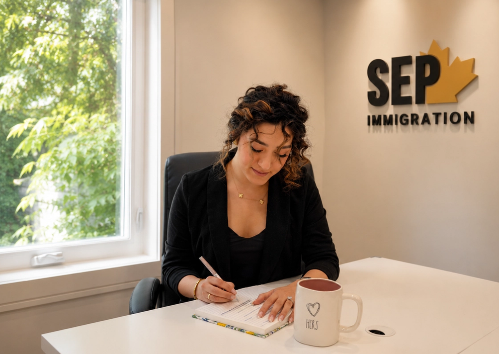 A woman writes in a notebook at an office desk with a SEP Immigration logo on the wall behind her.