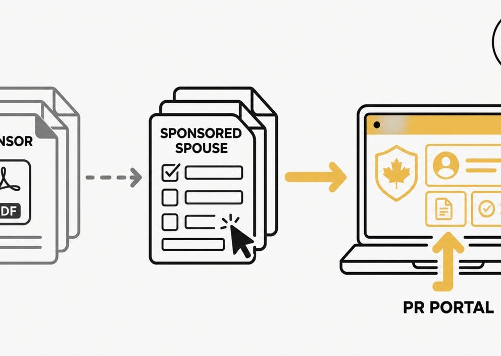 Diagram showing sponsor and sponsored spouse forms submitted to the Canada PR Portal on a laptop.