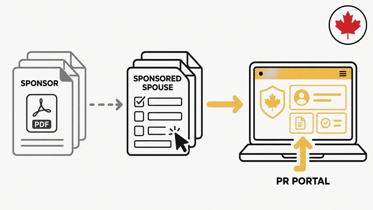 Diagram showing sponsor and sponsored spouse forms submitted to the Canada PR Portal on a laptop.