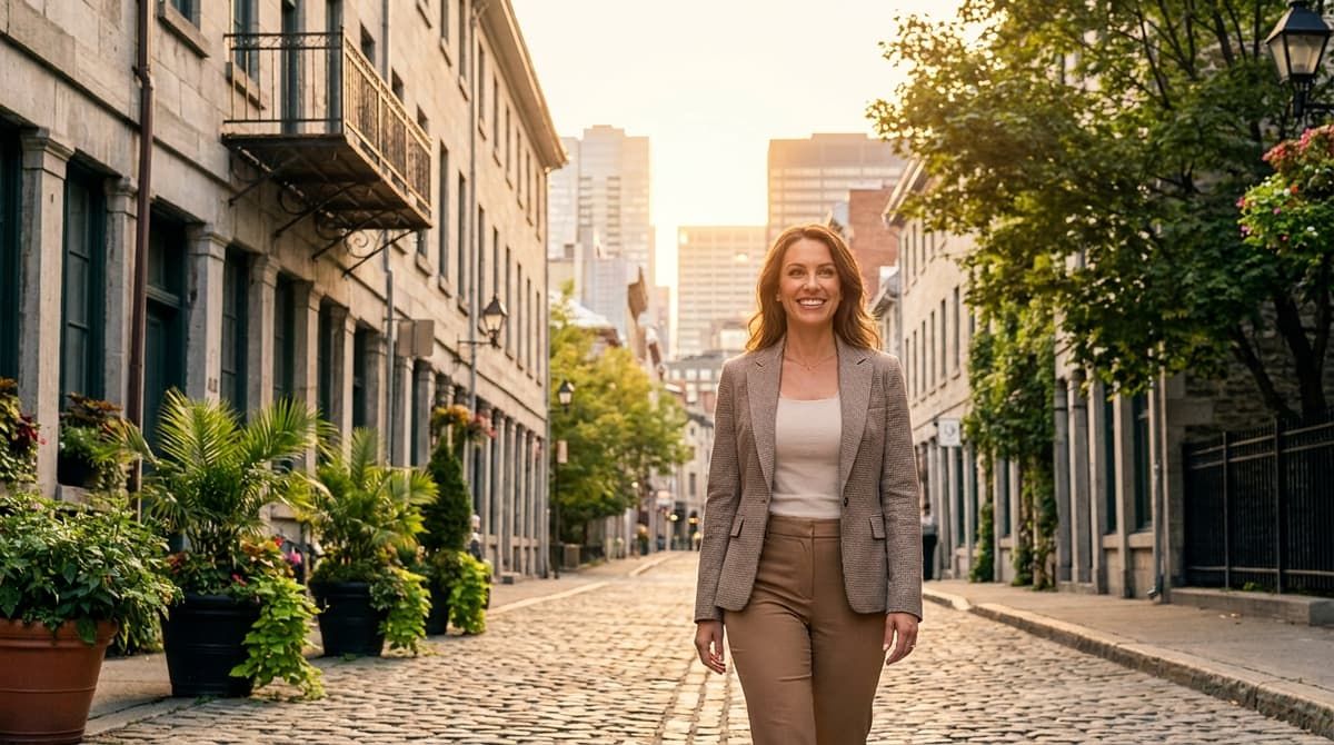 Professional woman walking on a sunlit historic Montreal street with modern city buildings in the background.