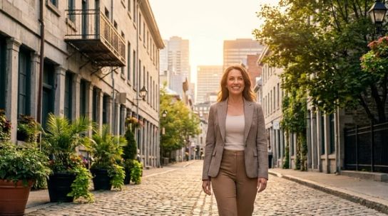 Professional woman walking on a sunlit historic Montreal street with modern city buildings in the background.