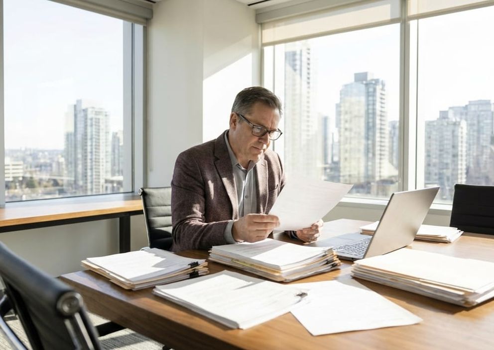 A man wearing glasses reviews paperwork at a desk with stacks of files and a laptop in a high-rise office.