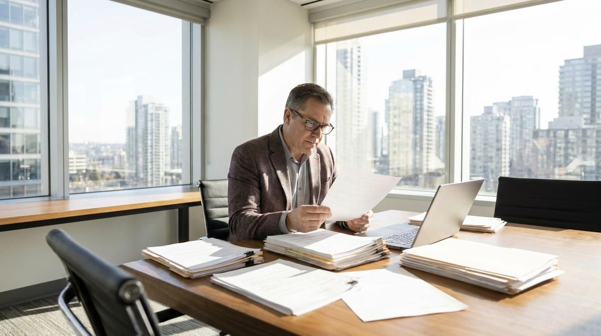 A man wearing glasses reviews paperwork at a desk with stacks of files and a laptop in a high-rise office.