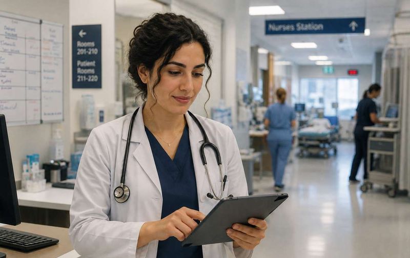 A female doctor wearing a white coat and stethoscope uses a tablet in a hospital hallway.