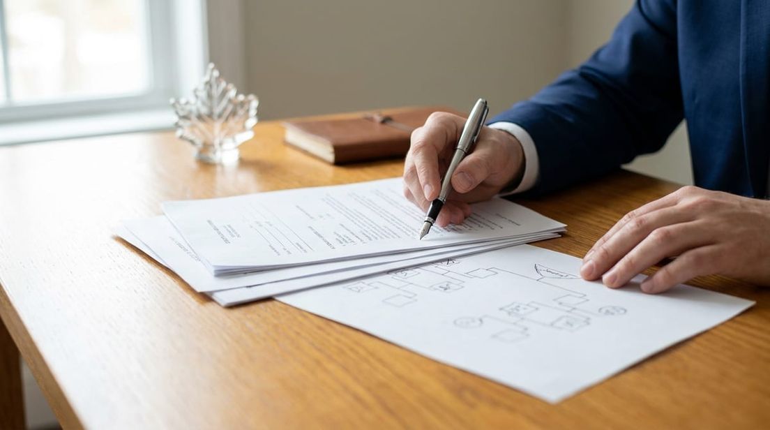 Professional hands reviewing immigration documents and an abstract family tree on an oak desk with a glass maple leaf.
