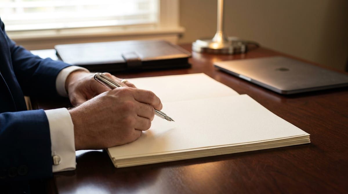 Close-up of professional hands holding a fountain pen over blank official documents on a wooden desk, conveying precision.