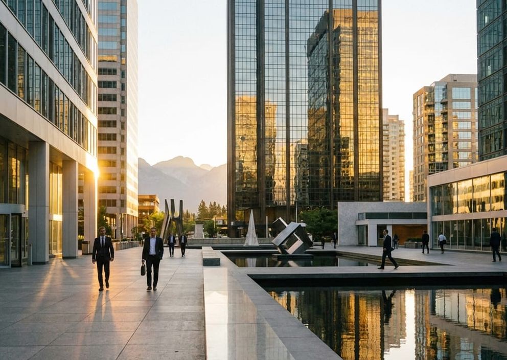 Sunrise over a modern Canadian city plaza with glass skyscrapers reflecting golden morning light.
