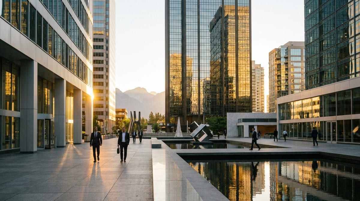 Sunrise over a modern Canadian city plaza with glass skyscrapers reflecting golden morning light.