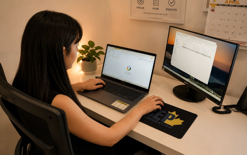A woman works on a laptop at a desk with a secondary monitor and a SEP Immigration mousepad.