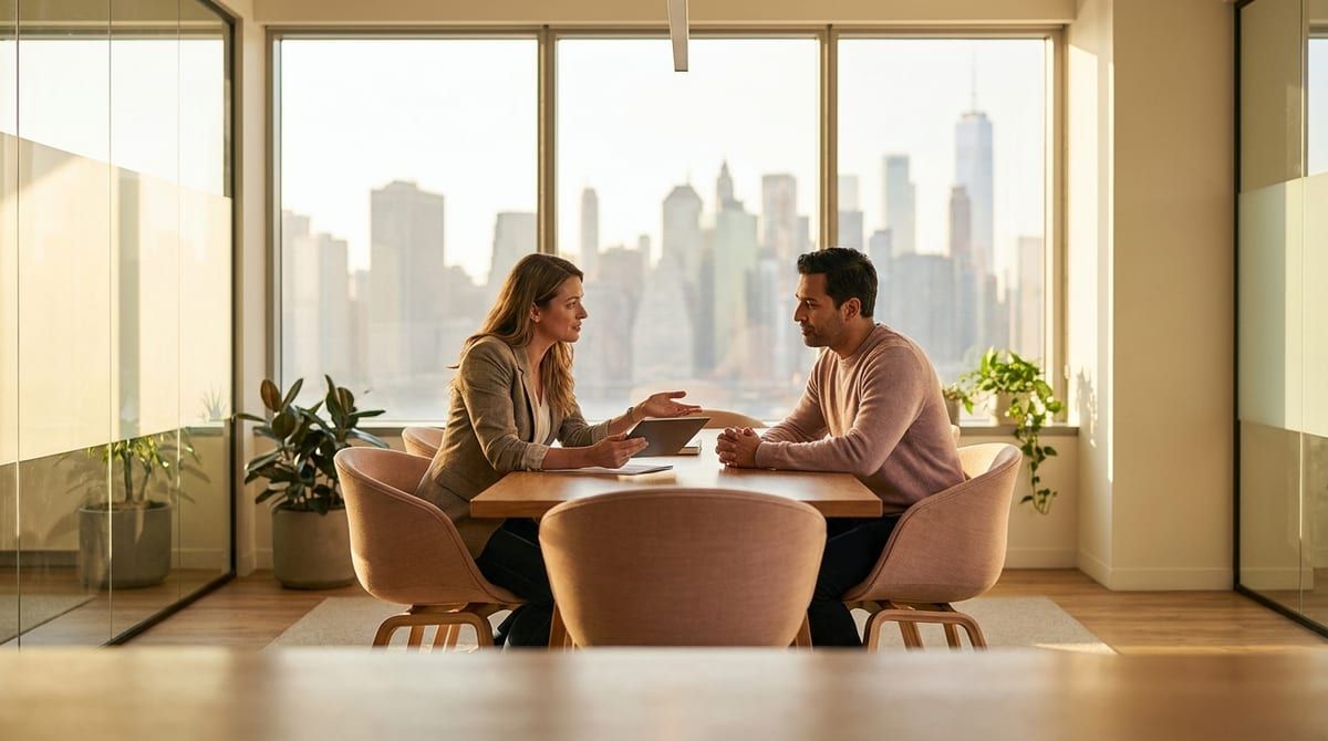 An immigration consultant speaking reassuringly with a client in a bright, modern office.