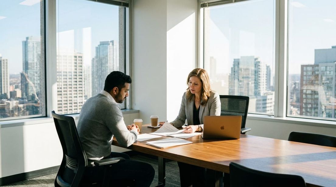 A woman and a man review documents at a table in a high-rise office overlooking a city skyline.