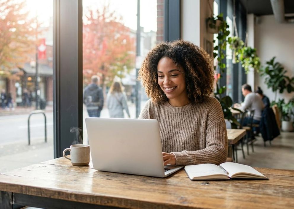 A student studying on a laptop in a bright cafe with autumn maple trees visible through the window.