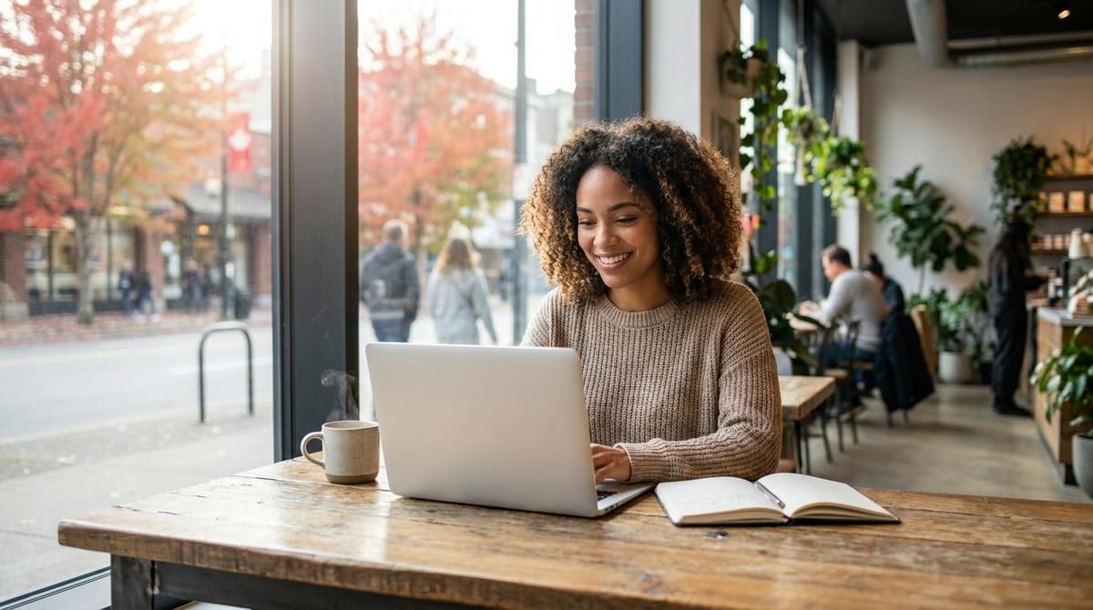 A student studying on a laptop in a bright cafe with autumn maple trees visible through the window.