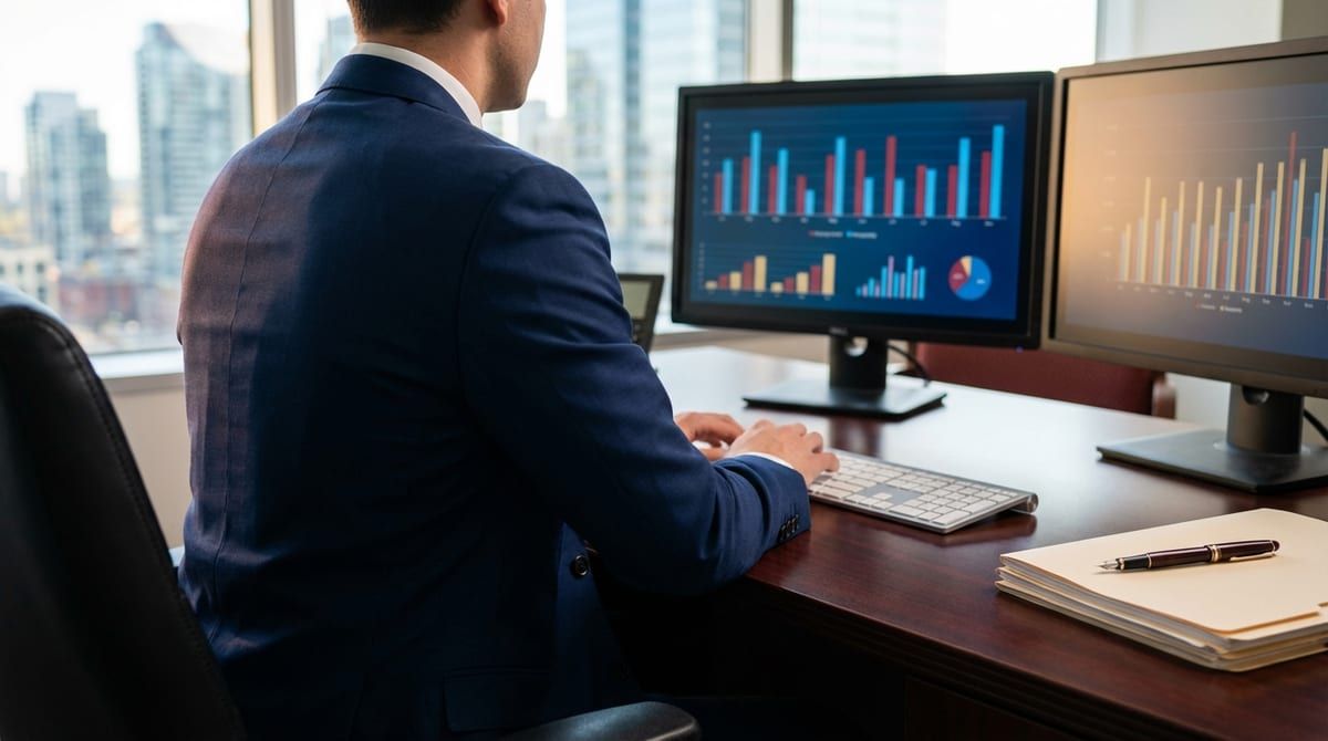Over-the-shoulder view of an immigration professional analyzing data charts on a computer in a modern office.