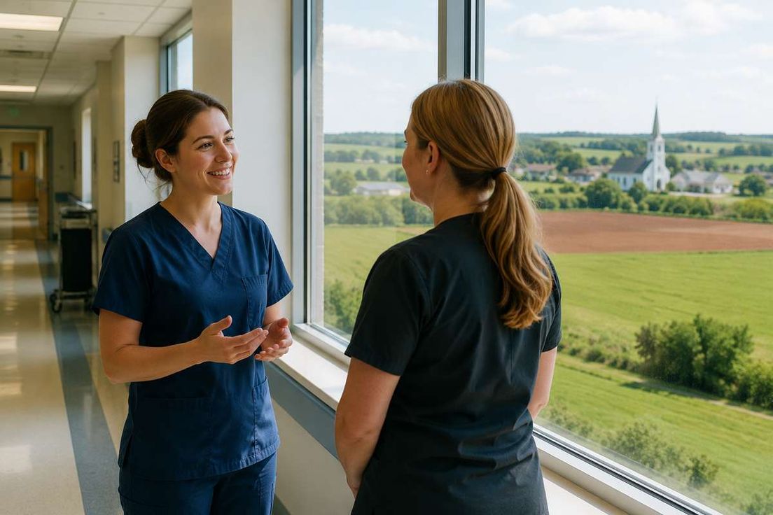 Two nurses in scrubs converse by a hospital window overlooking a rural landscape.