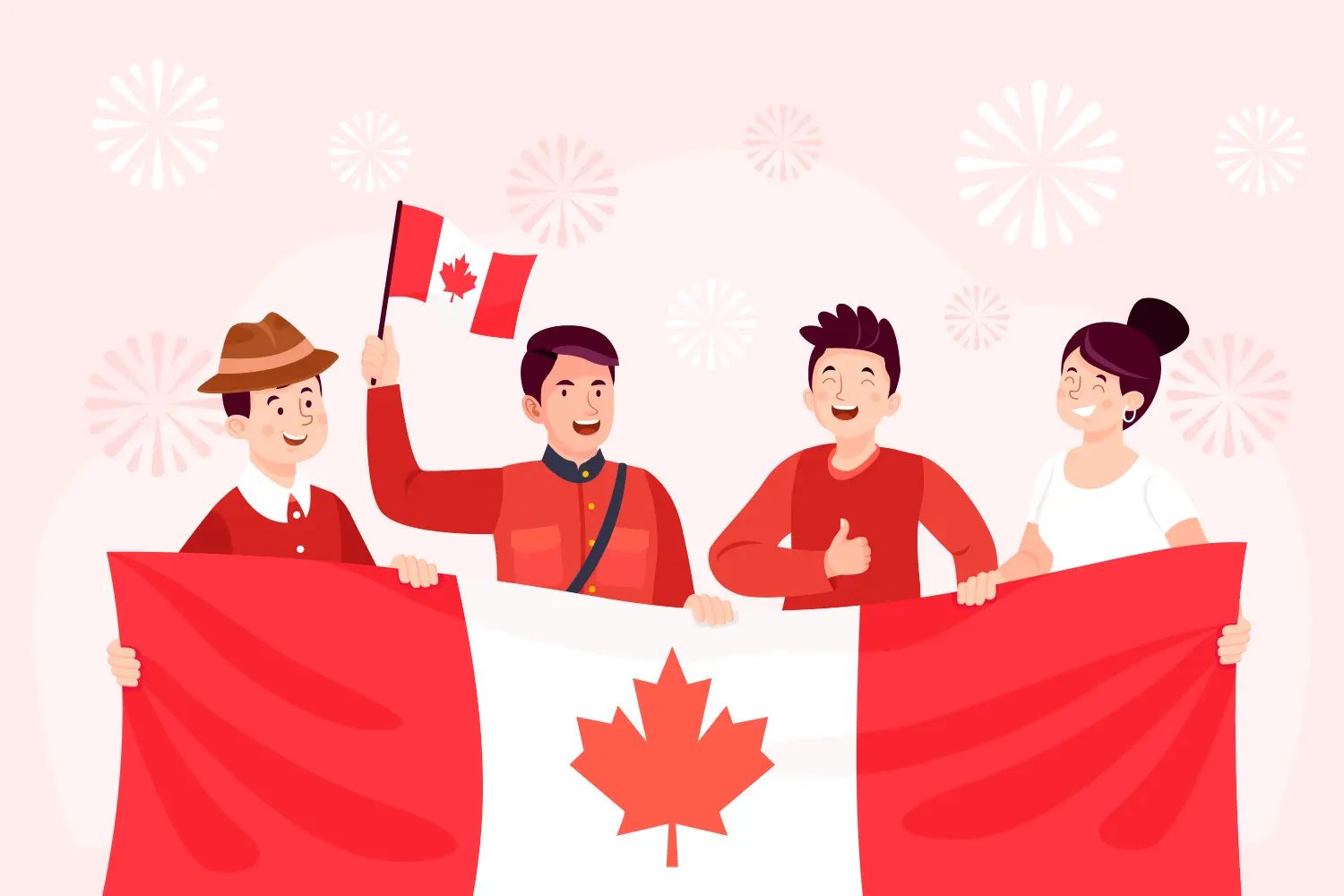 A group of people celebrating with the Canadian flag, representing the welcoming spirit of Canada for immigrants.