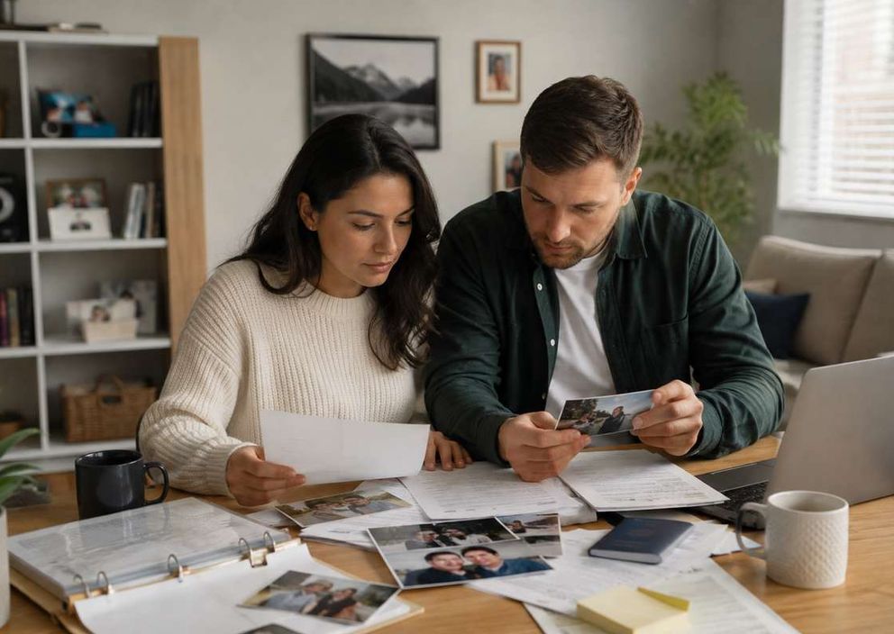 A man and woman sit at a desk reviewing printed photos, documents, and a passport.