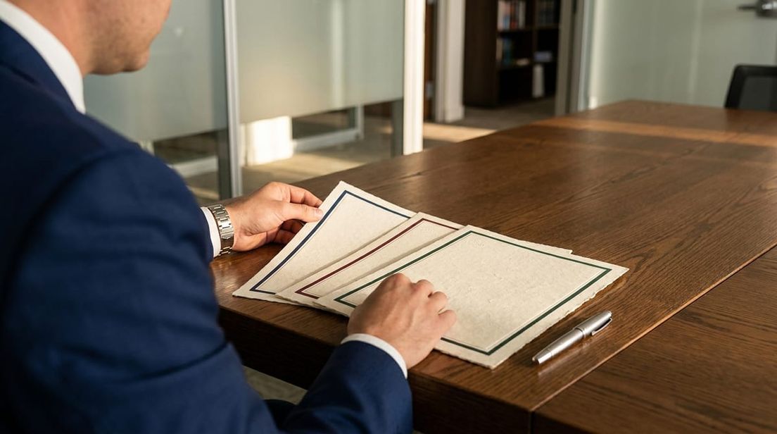 Professional's hands arranging three distinct embossed documents on a dark oak desk, symbolizing skill combinations.