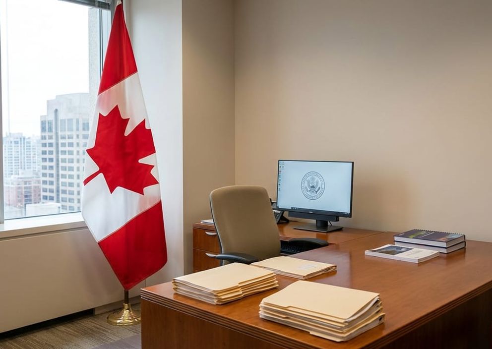 Professional immigration office desk with official Canadian documents