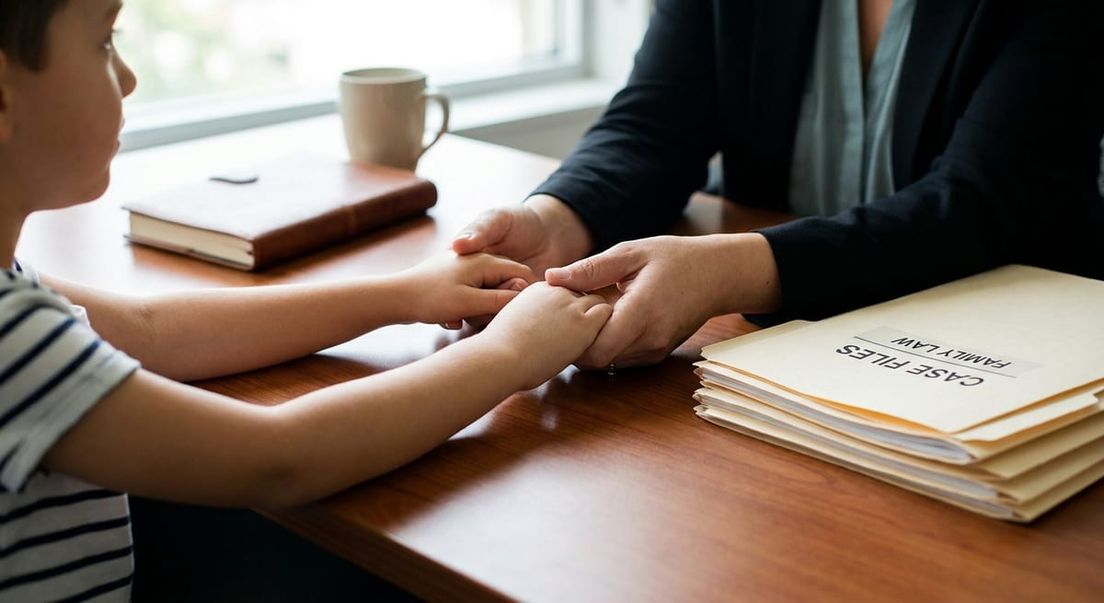 Close-up of a parent holding a child's hands on a professional office desk next to legal files, symbolizing compassion.