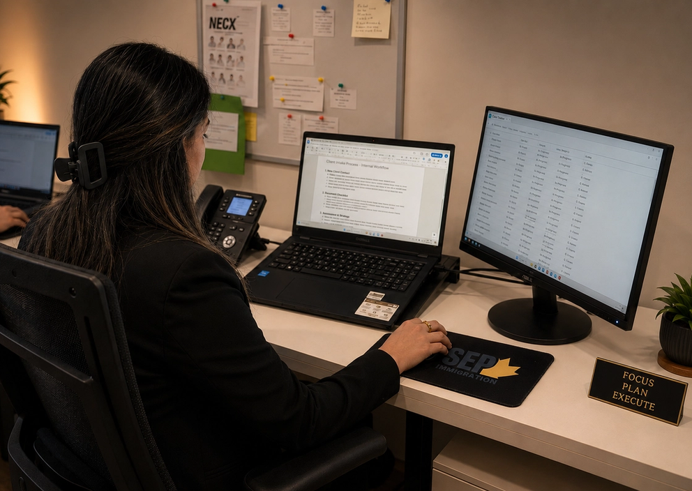 A woman works at an office desk using a laptop and secondary monitor to review documents.