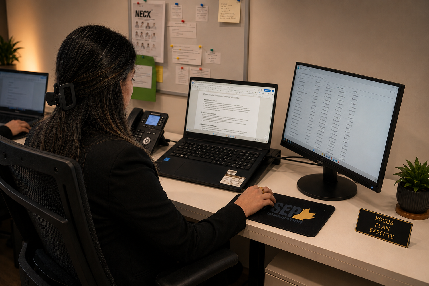 A woman works at an office desk using a laptop and secondary monitor to review documents.