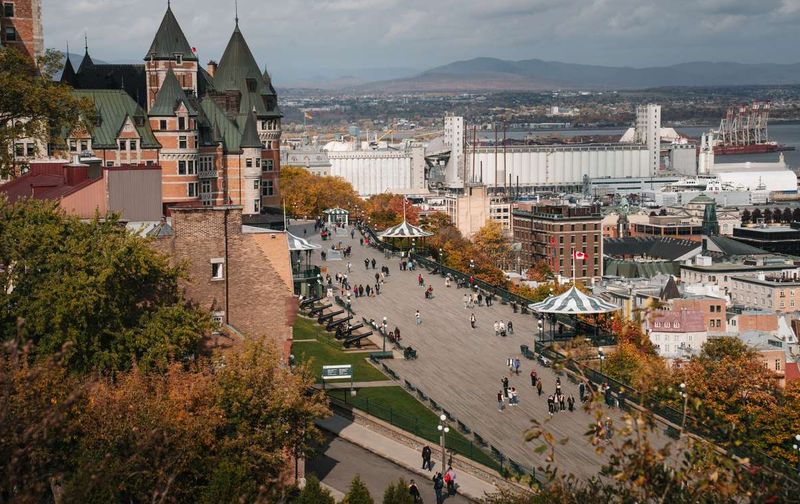 Elevated view of the Dufferin Terrace boardwalk and Chateau Frontenac in Quebec City.